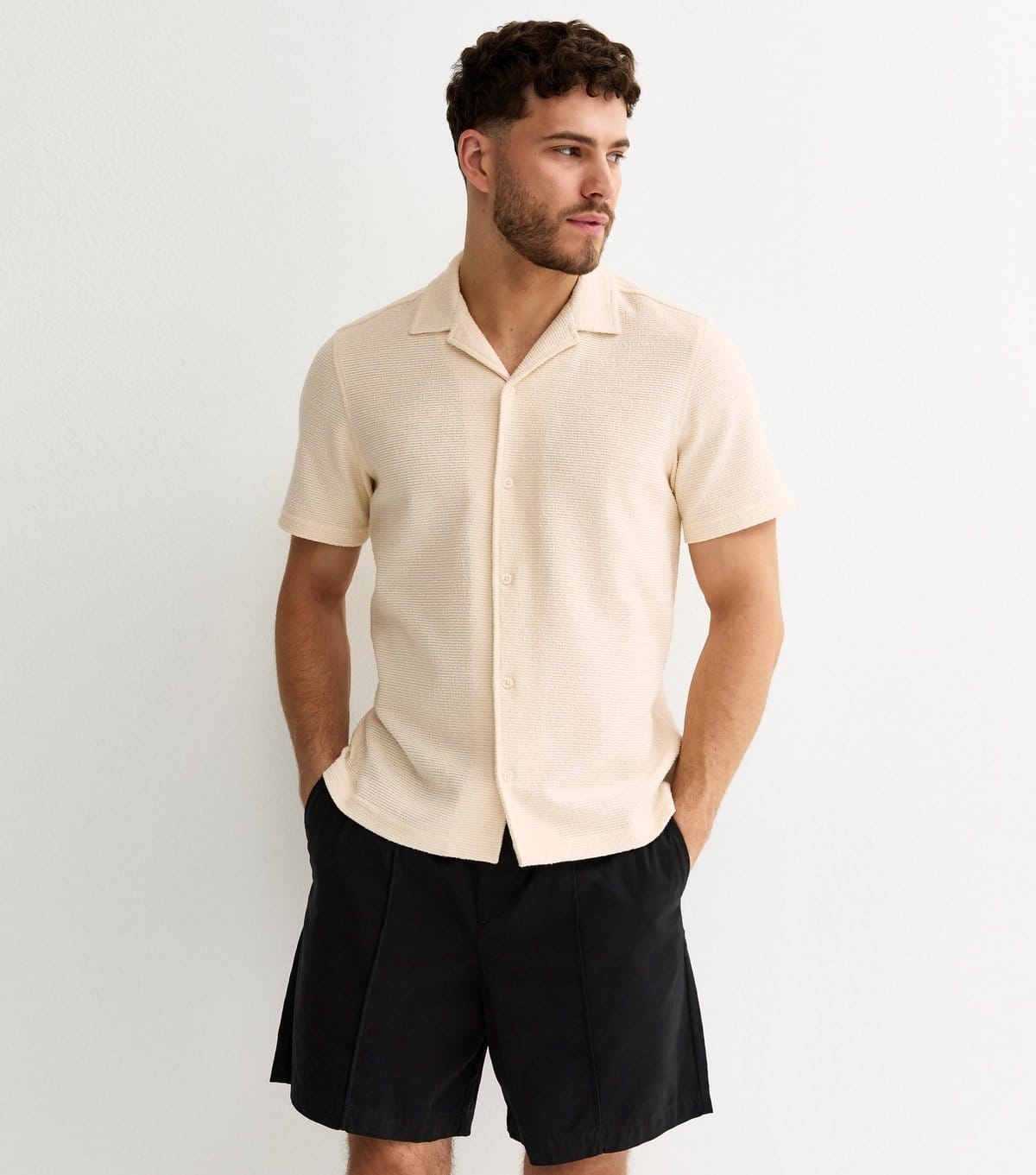 New Look Cream Boucle Textured Polo Shirt for Men