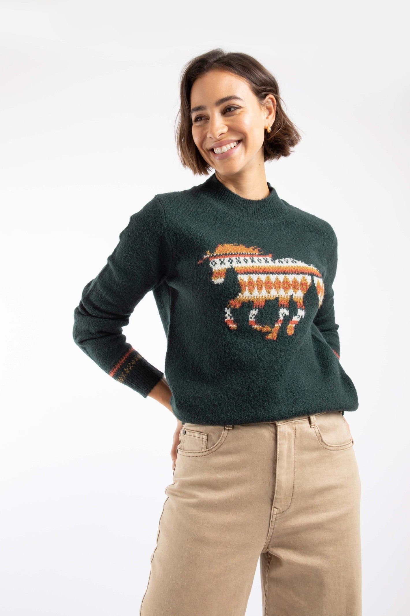 Weird Fish Weird Fish Women's GeeGee Intarsia Knitted Jumper in Dark Green