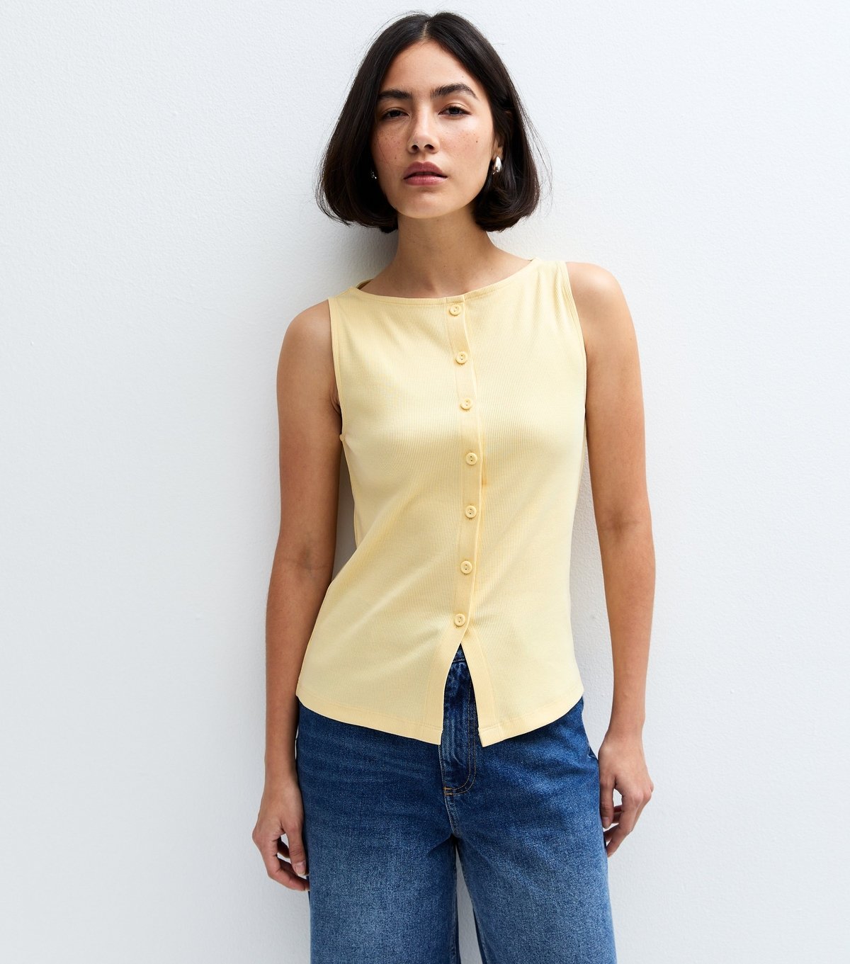 New Look Women's Light Yellow Rib Button Through Tank Top New Look - 2