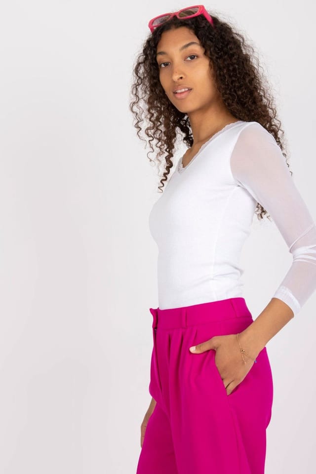 Love Lace Love Lace Women's Ribbed Fitted Heart Neck Blouse Sheer Sleeve in White - 2