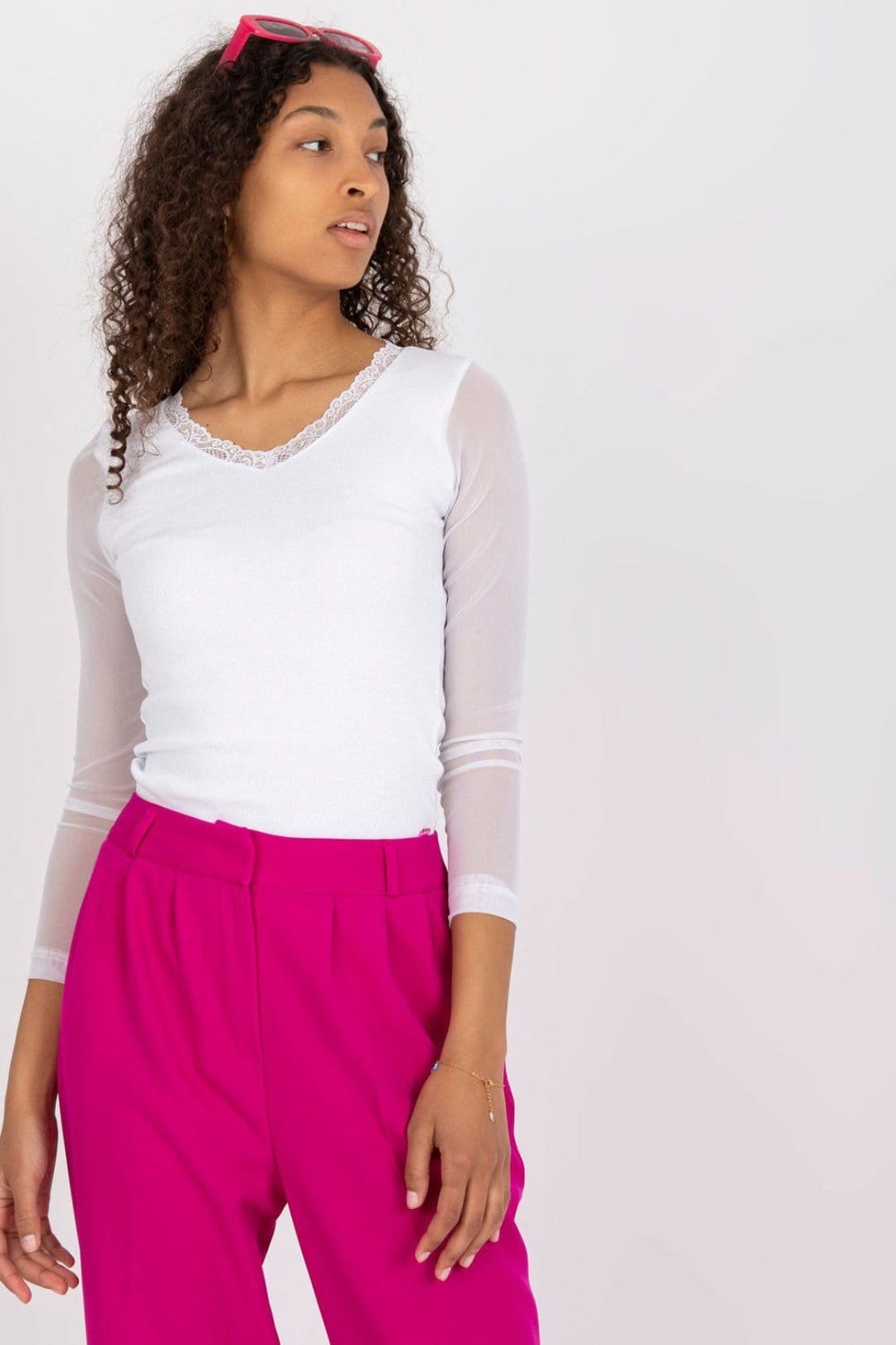 Love Lace Love Lace Women's Ribbed Fitted Heart Neck Blouse Sheer Sleeve in White - 4