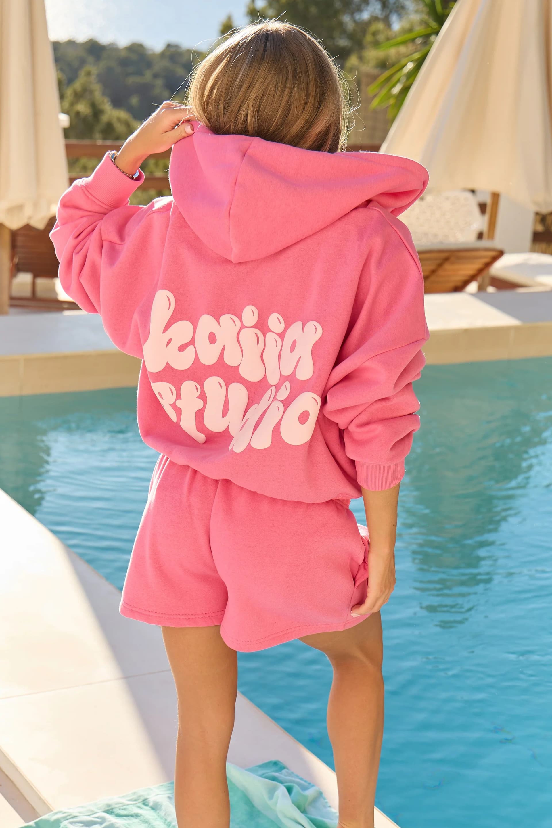Kaiia Kaiia Bubble Graphic Oversized Zip Through Hoodie Pink Spritz