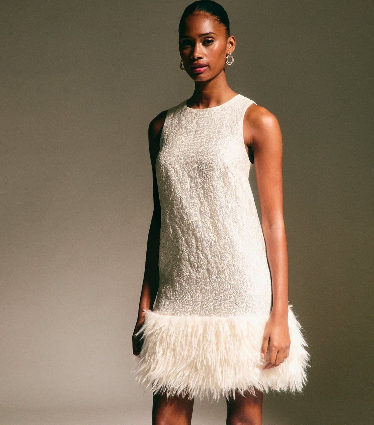 New Look Women's White Jacquard Feather Trim Mini Dress New Look