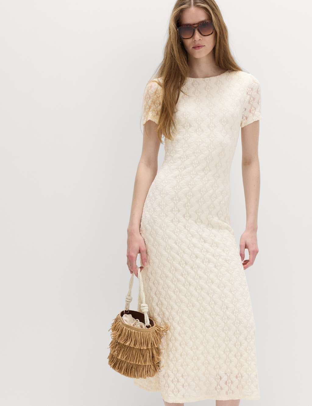 Marks & Spencer M&S Jersey Lace Round Neck Midi Column Dress Ivory
