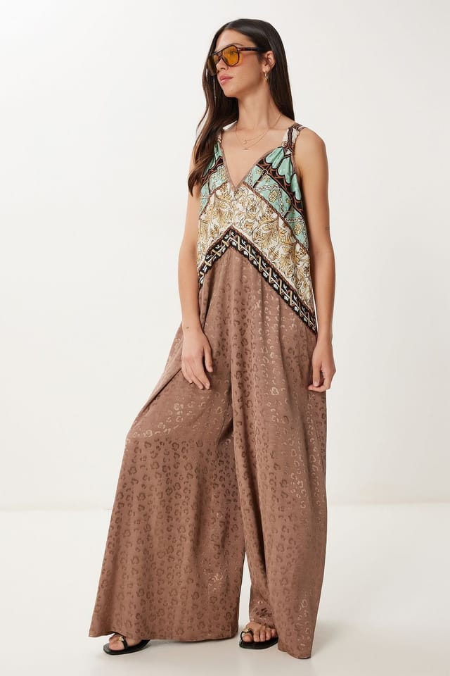 Happiness Istanbul Happiness Istanbul Women's Wide Leg Printed Jumpsuit with V-Neck in Light Brown - 3