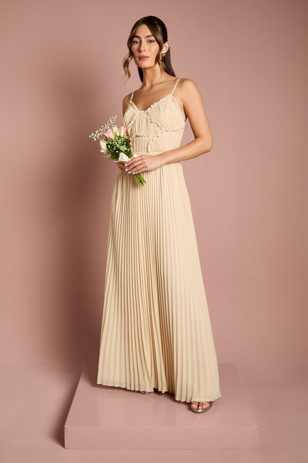 Oasis Oasis Women's Strappy Pleated Bridesmaid Dress With Ruffle Detail in Ivory