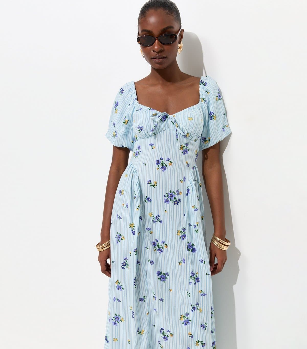 New Look Women's Blue Floral Stripe Milkmaid Midi Dress New Look