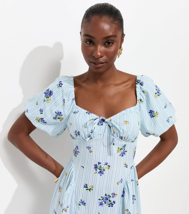 New Look Women's Blue Floral Stripe Milkmaid Midi Dress New Look - 2