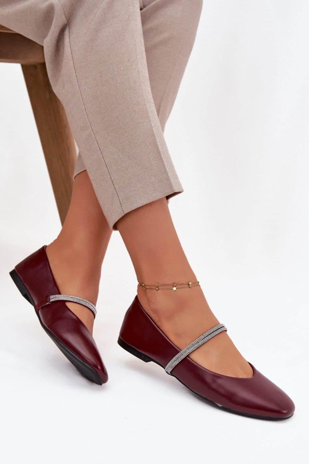 Love Lace Love Lace Women's Ballet Flats with Shiny Zircon Straps & Flat Heel in Red
