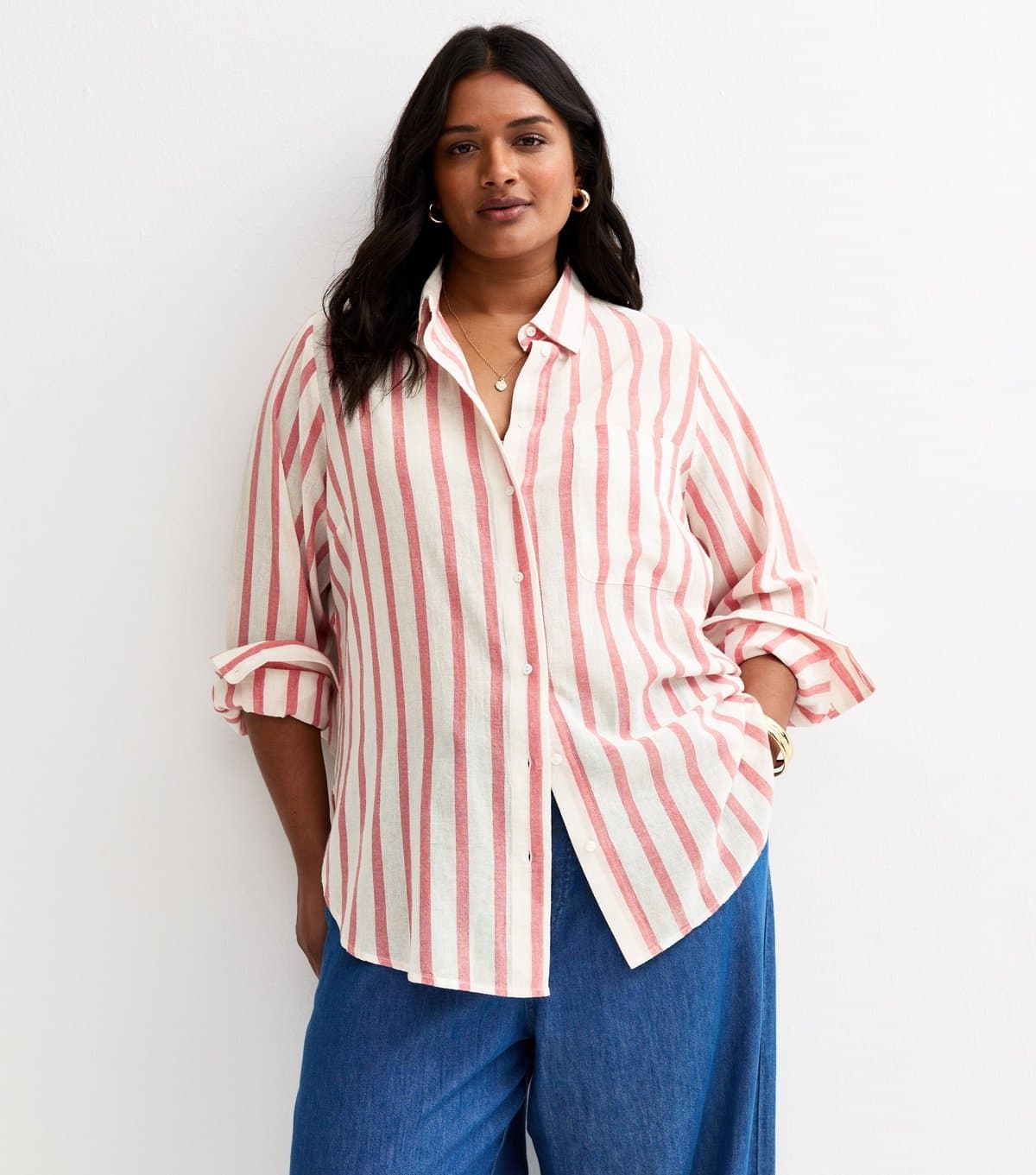 New Look Women's Plus Size Pink Pinstripe Long Sleeve Shirt Curves New Look