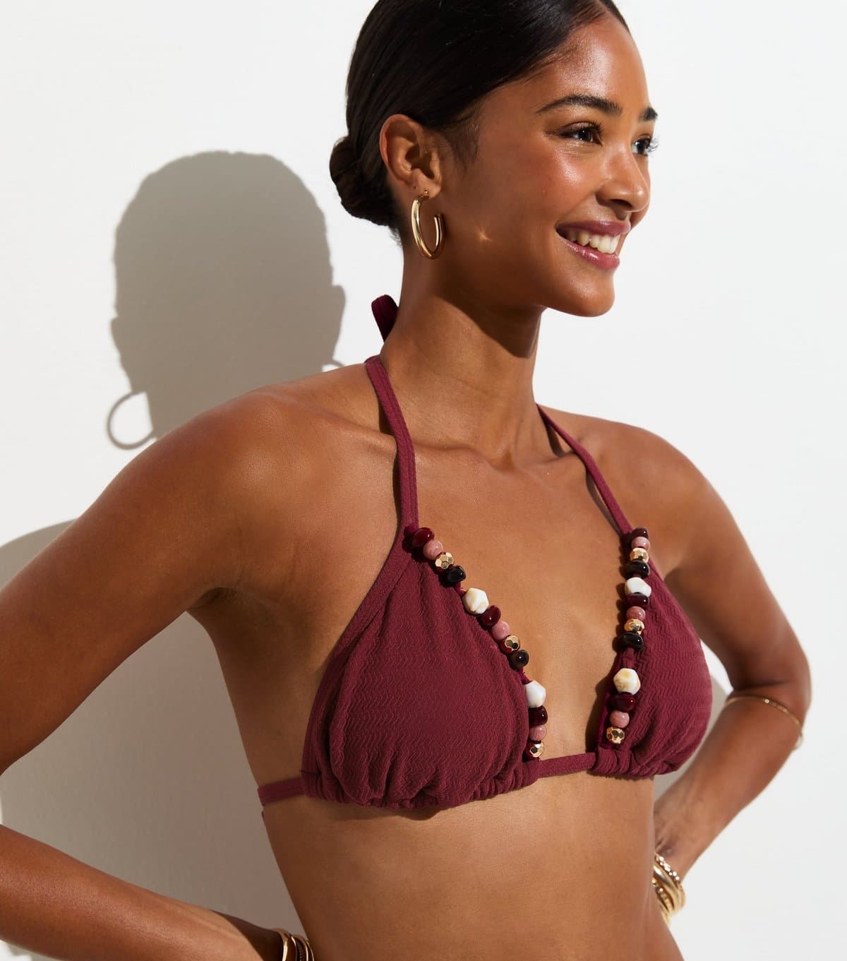 New Look Women's Burgundy Premium Beaded Edge Triangle Bikini Top New Look
