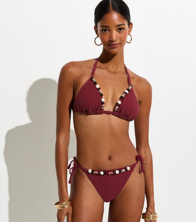 New Look Women's Burgundy Premium Beaded Edge Triangle Bikini Top New Look - 2