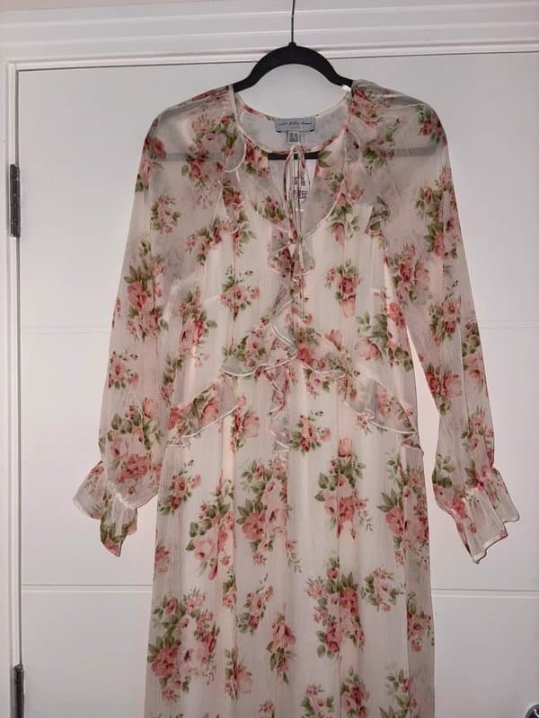 Never Fully Dressed Never Fully Dressed Cream Pink Floral Frill Long Sleeve Midi Dress Size 10 Modest wedding guest
