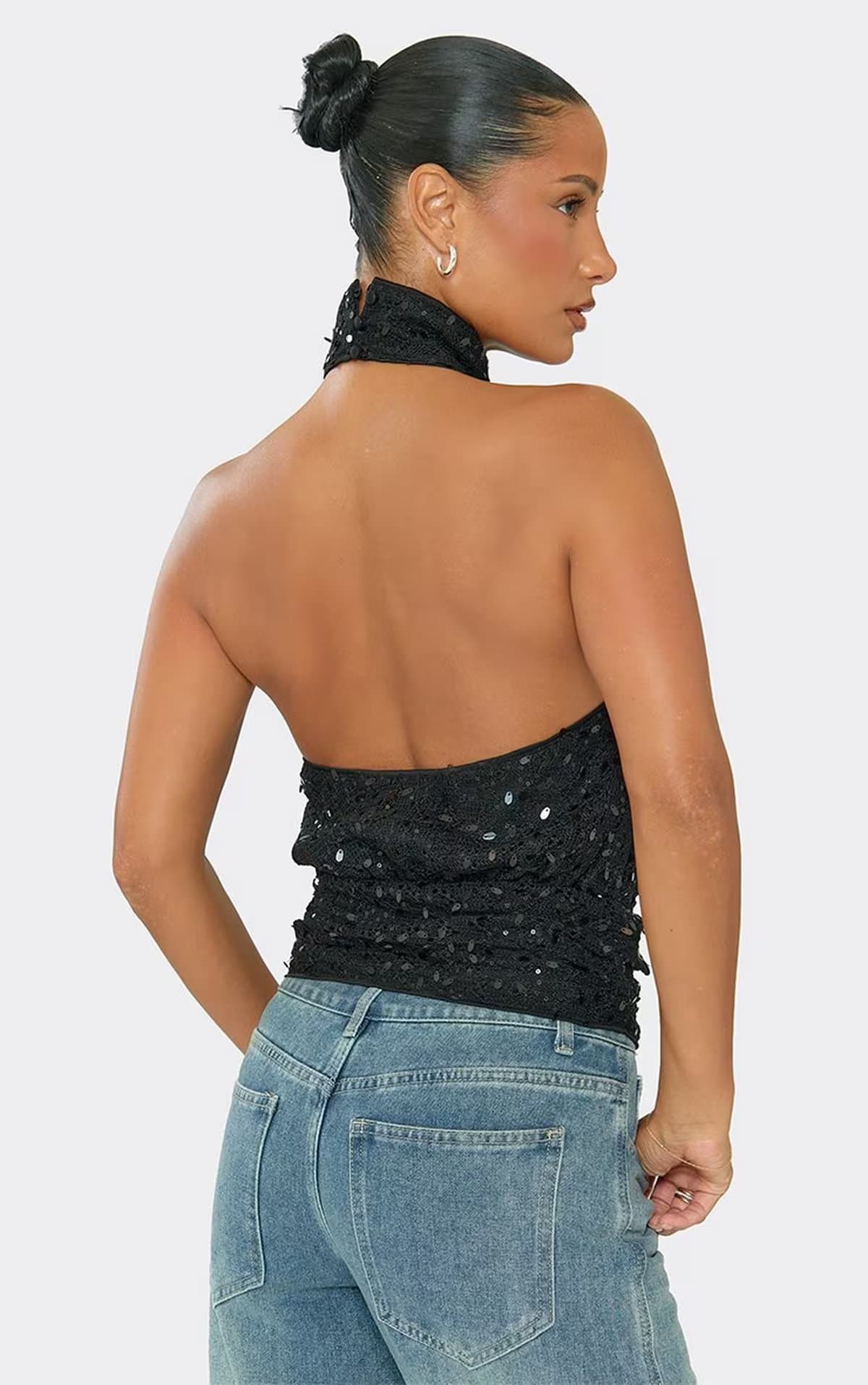 EGO Sleeveless High Neck Sequin Detail Blouson Top In Black, Women's Size UK 6