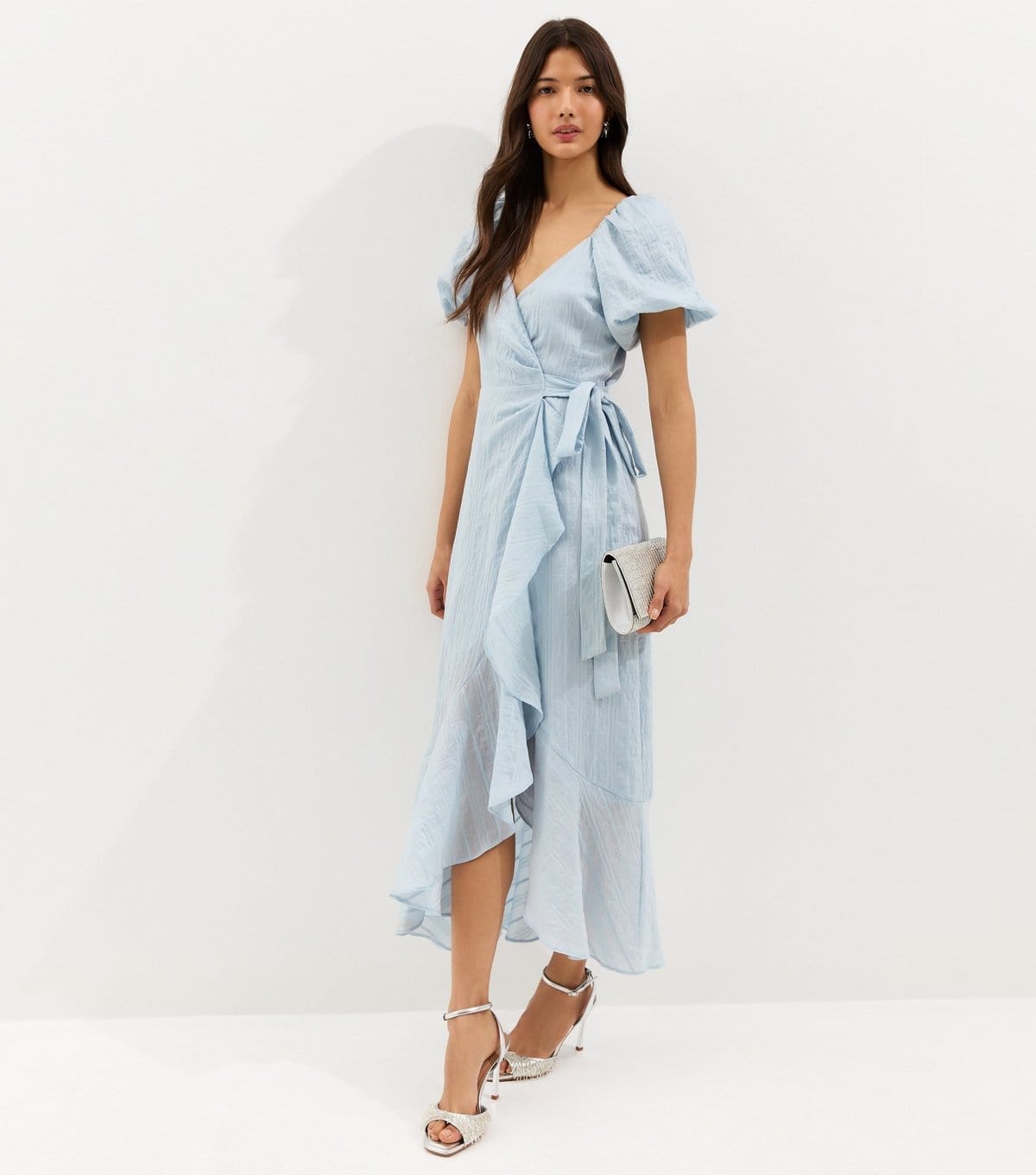 Women's Light Blue Textured Ruffle Trimmed Wrap Midi Dress New Look