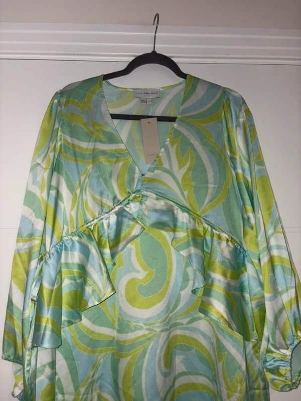 Never Fully Dressed Never Fully Dressed Green Swirl Print Long Sleeve Midi Dress Size M Ruffle Summe
