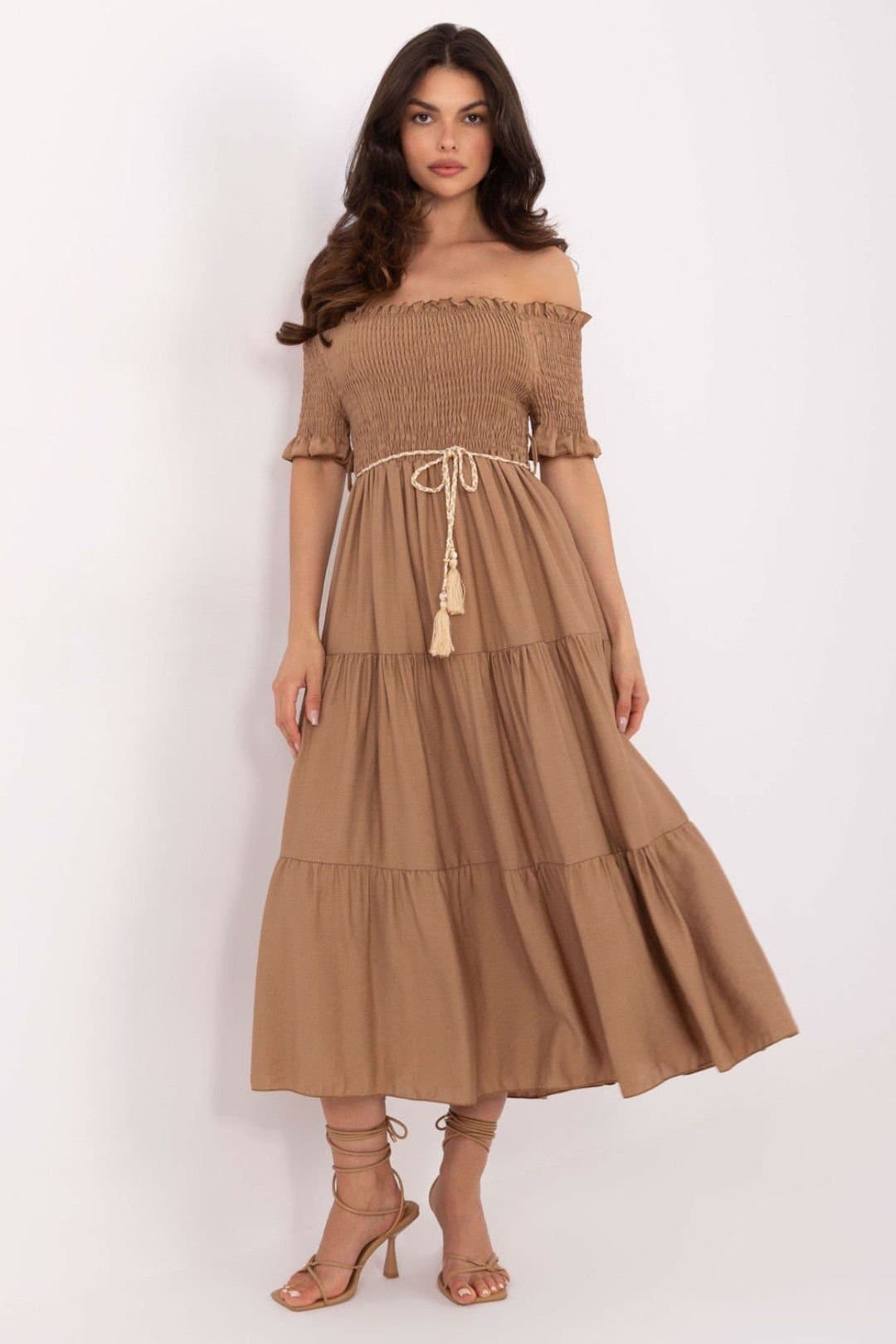 Love Lace Love Lace Women's Summer Midi Flared Dress with Spanish Neckline in Brown
