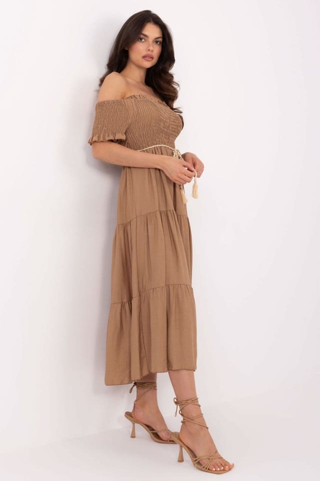 Love Lace Love Lace Women's Summer Midi Flared Dress with Spanish Neckline in Brown - 2