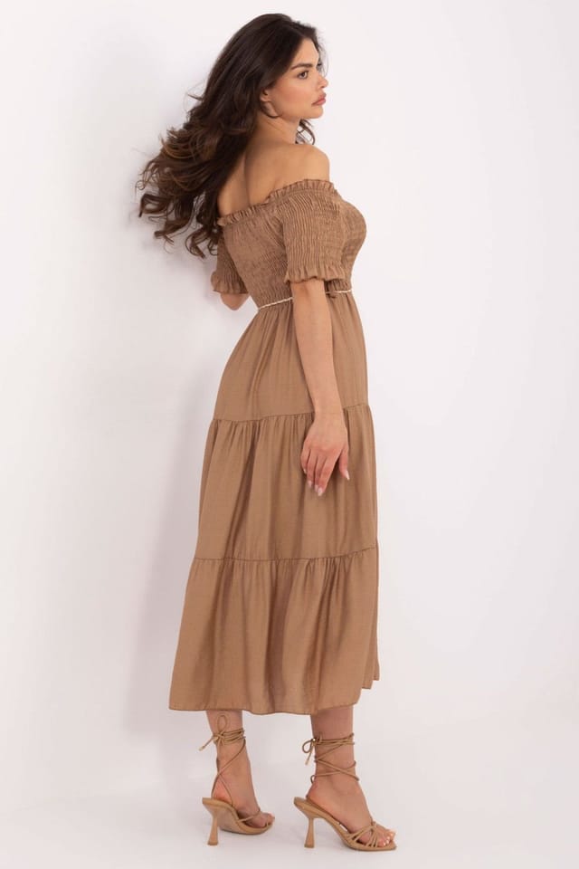 Love Lace Love Lace Women's Summer Midi Flared Dress with Spanish Neckline in Brown - 3