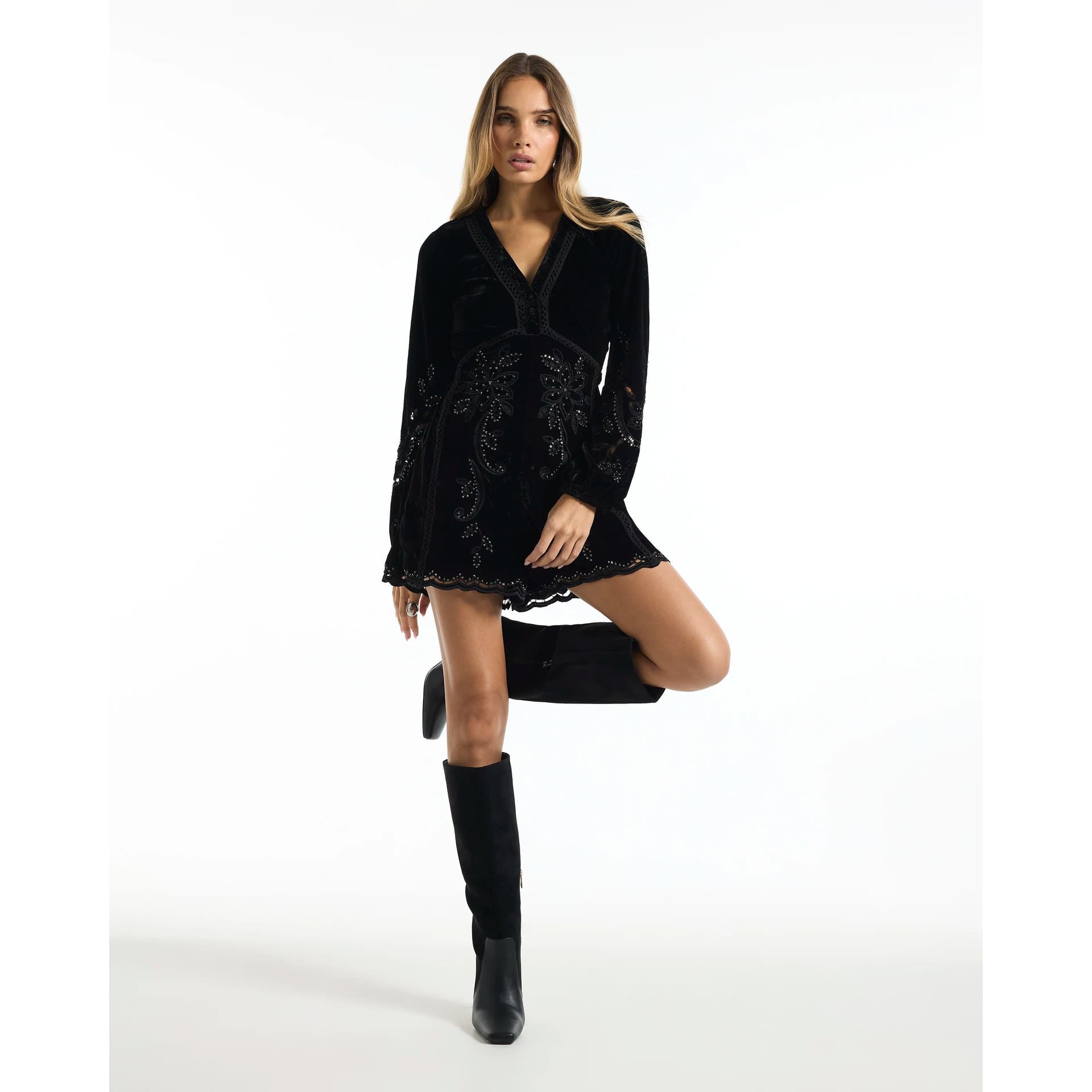 River Island River Island Womens Black Cutwork Velvet Playsuit