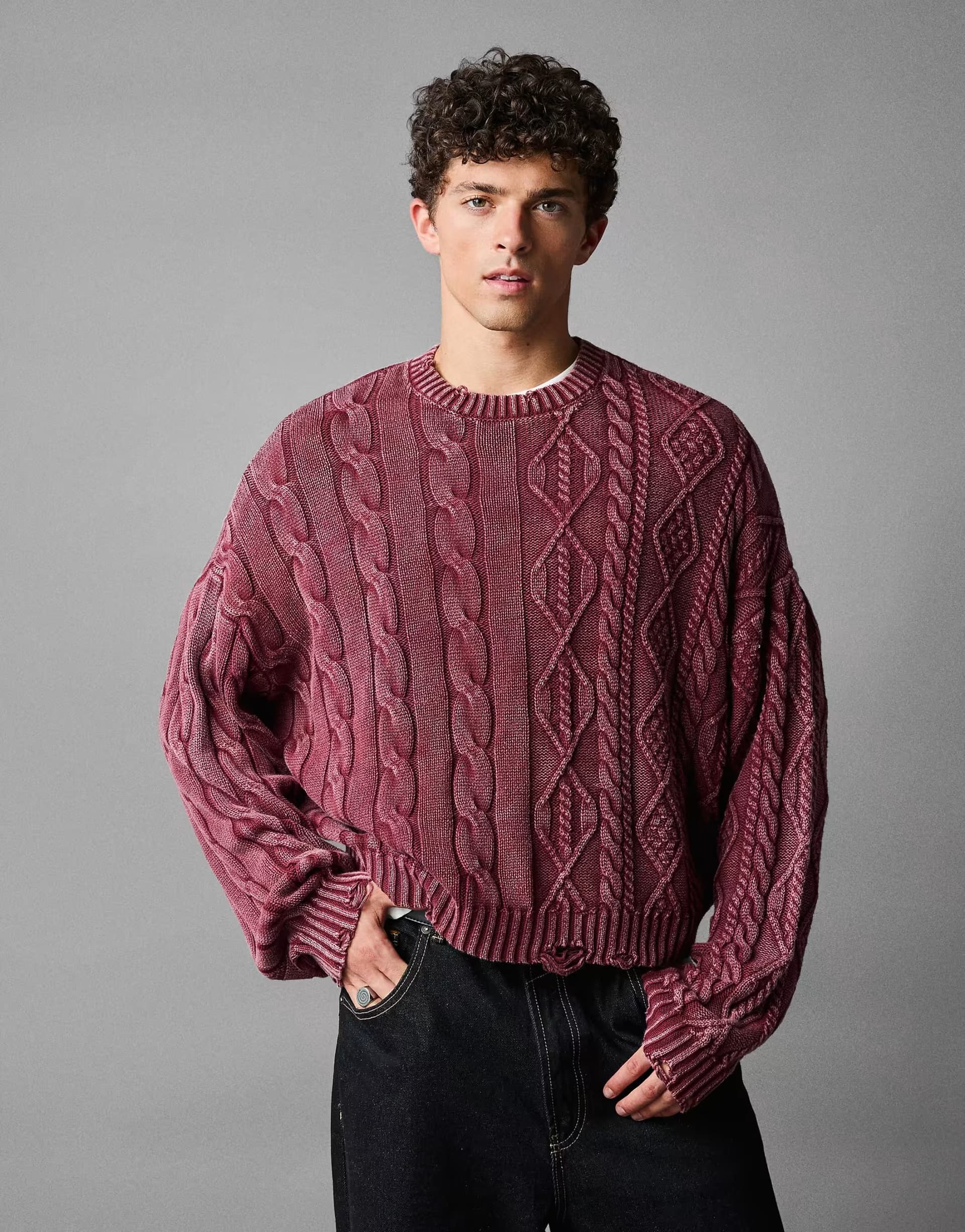 ASOS Bershka Washed cable-knit jumper in burgundy