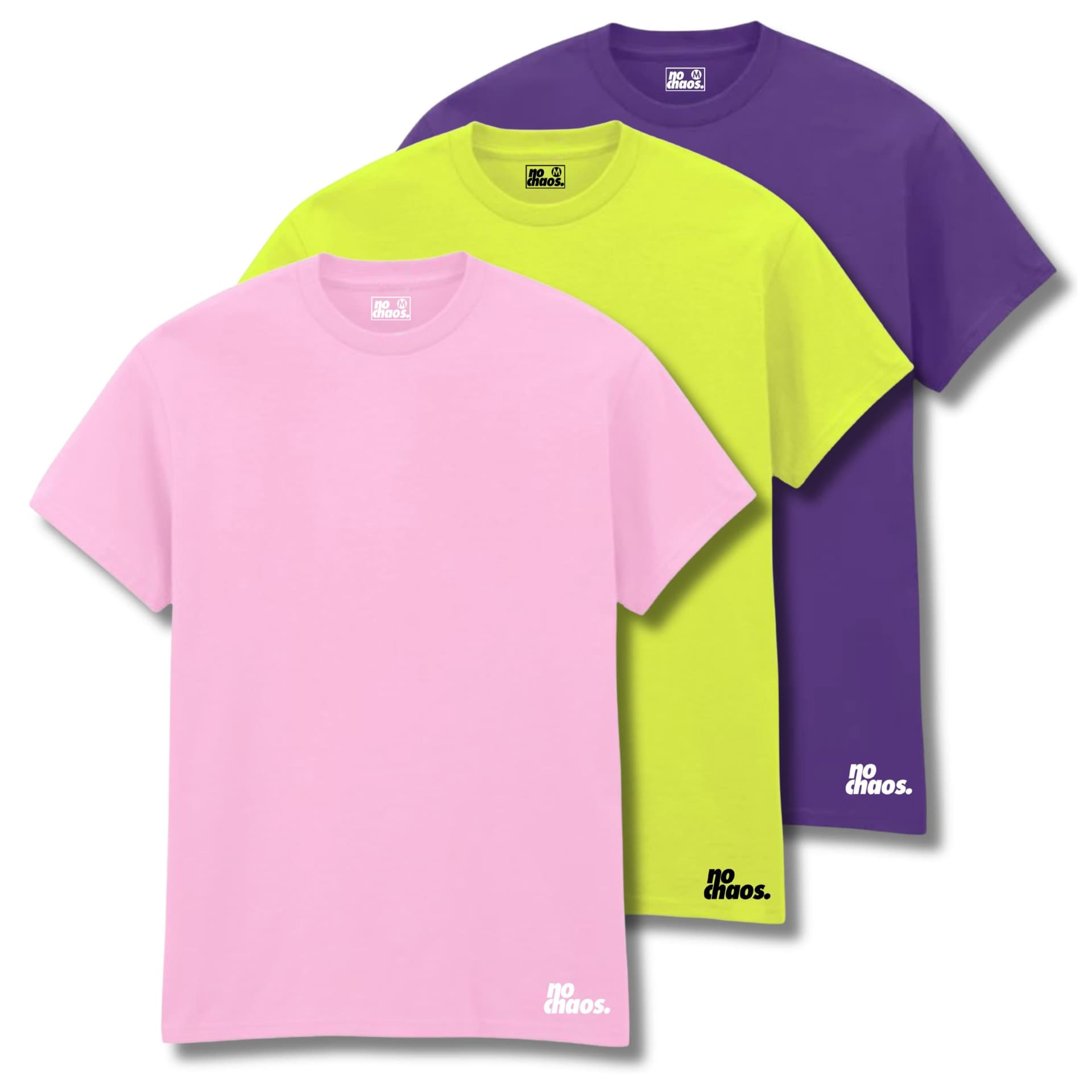 No Chaos No Chaos Men's Logo 3 Pack T-Shirts - Light Pink/Safety Green/Purple