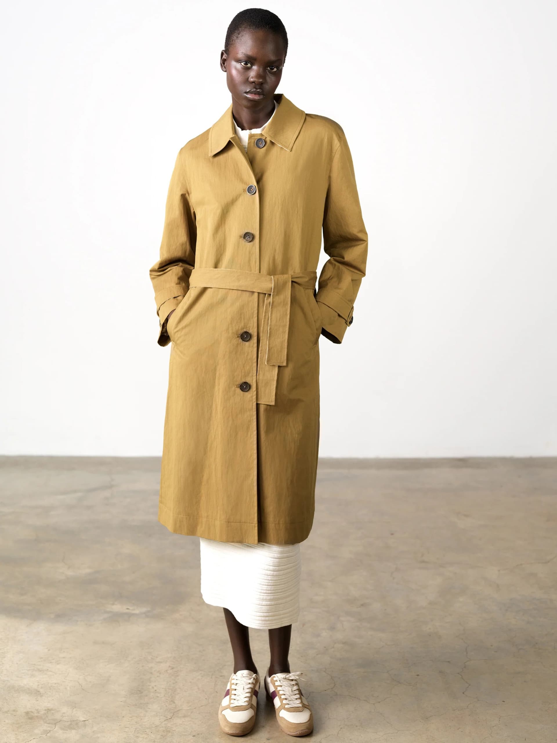 French Connection Solene Longline Khaki Green Belted Trench Coat Olive Khaki Green/Light Pink