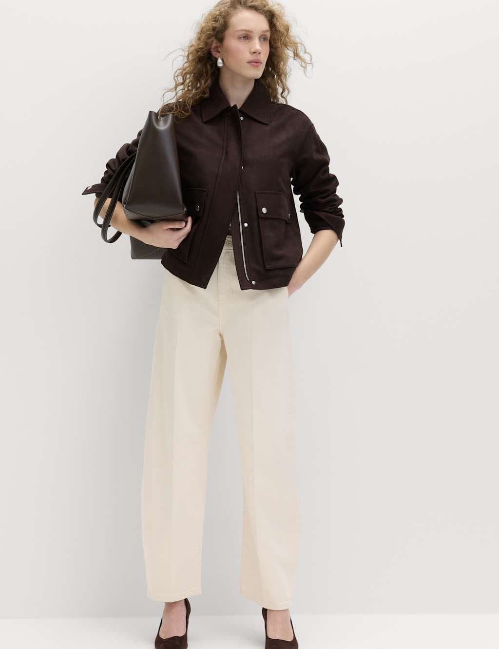 Marks & Spencer M&S Pure Cotton Crease Front Barrel Leg Trousers Ecru