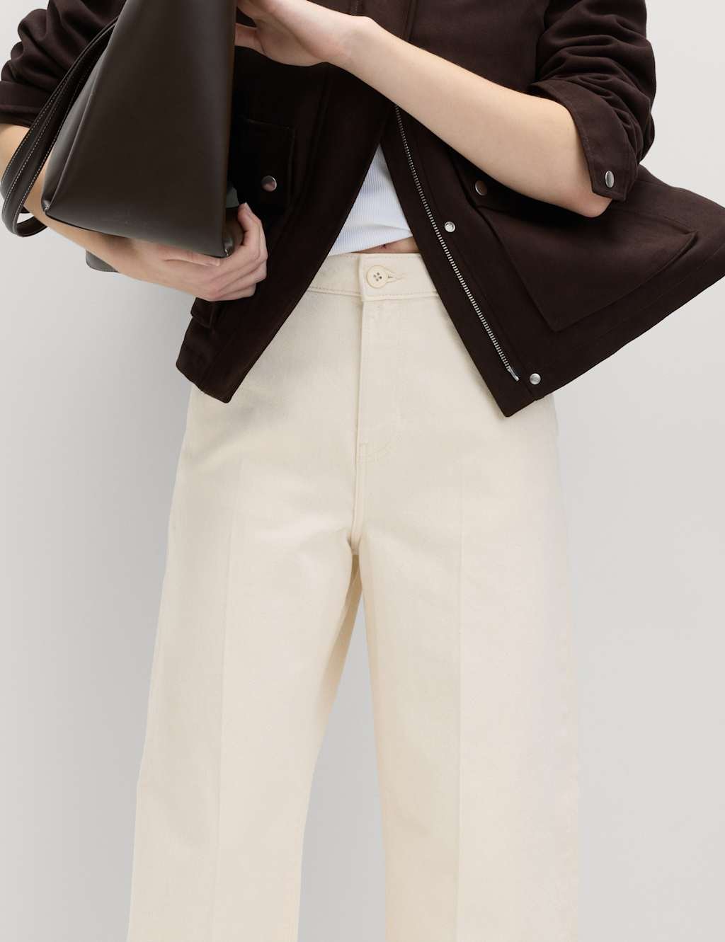 Marks & Spencer M&S Pure Cotton Crease Front Barrel Leg Trousers Ecru - 3