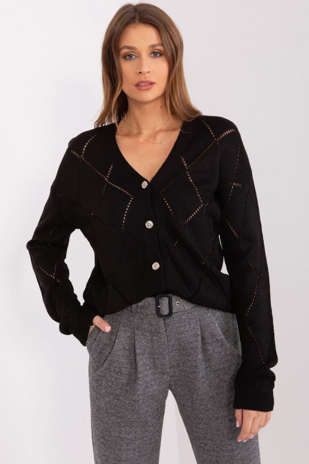 Love Lace Love Lace Women's Lacy V Neck Button Knit Cardigan in Black
