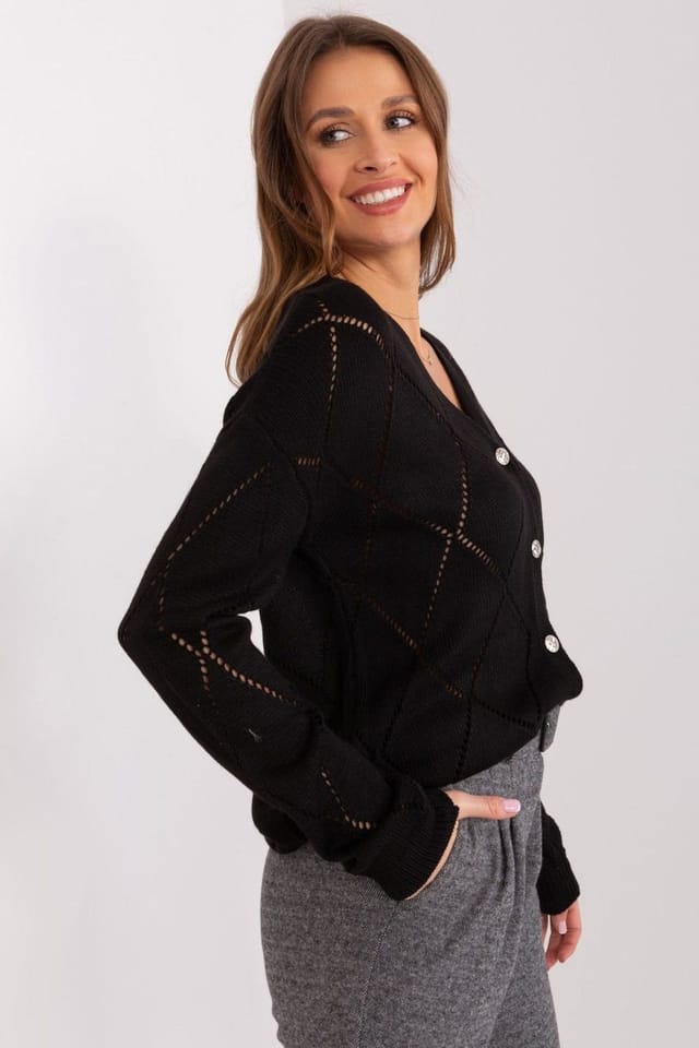 Love Lace Love Lace Women's Lacy V Neck Button Knit Cardigan in Black - 2