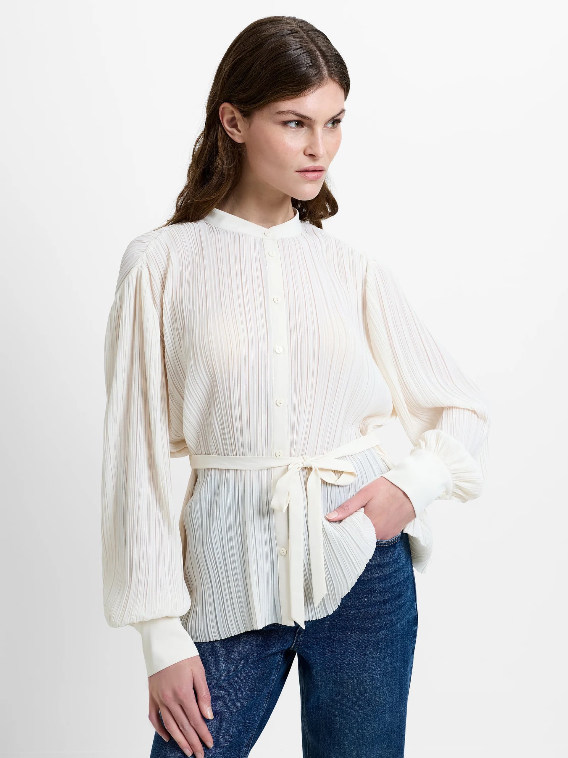 French Connection Noelle Plisse Military Tie Up Blouse Porcelain Cream