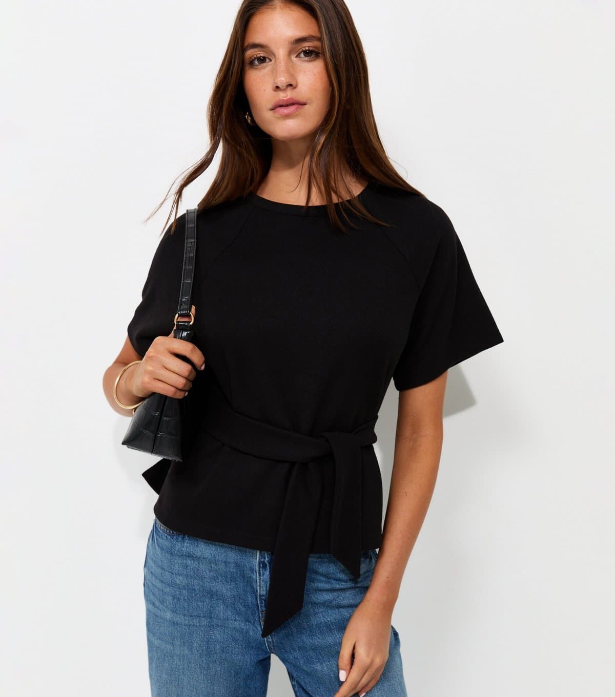 New Look Women's Black Soft Touch Tie Front Short Sleeve T-Shirt New Look