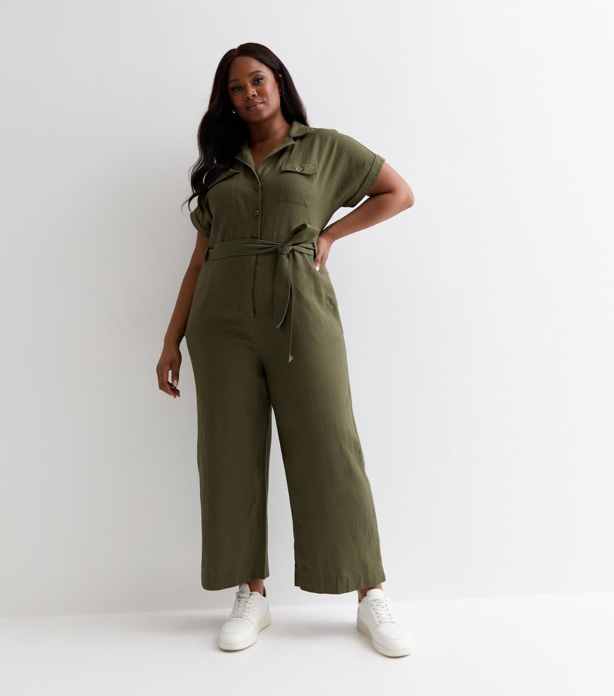 New Look Women's Plus Size Khaki Cotton Belted Utility Jumpsuit Curves New Look