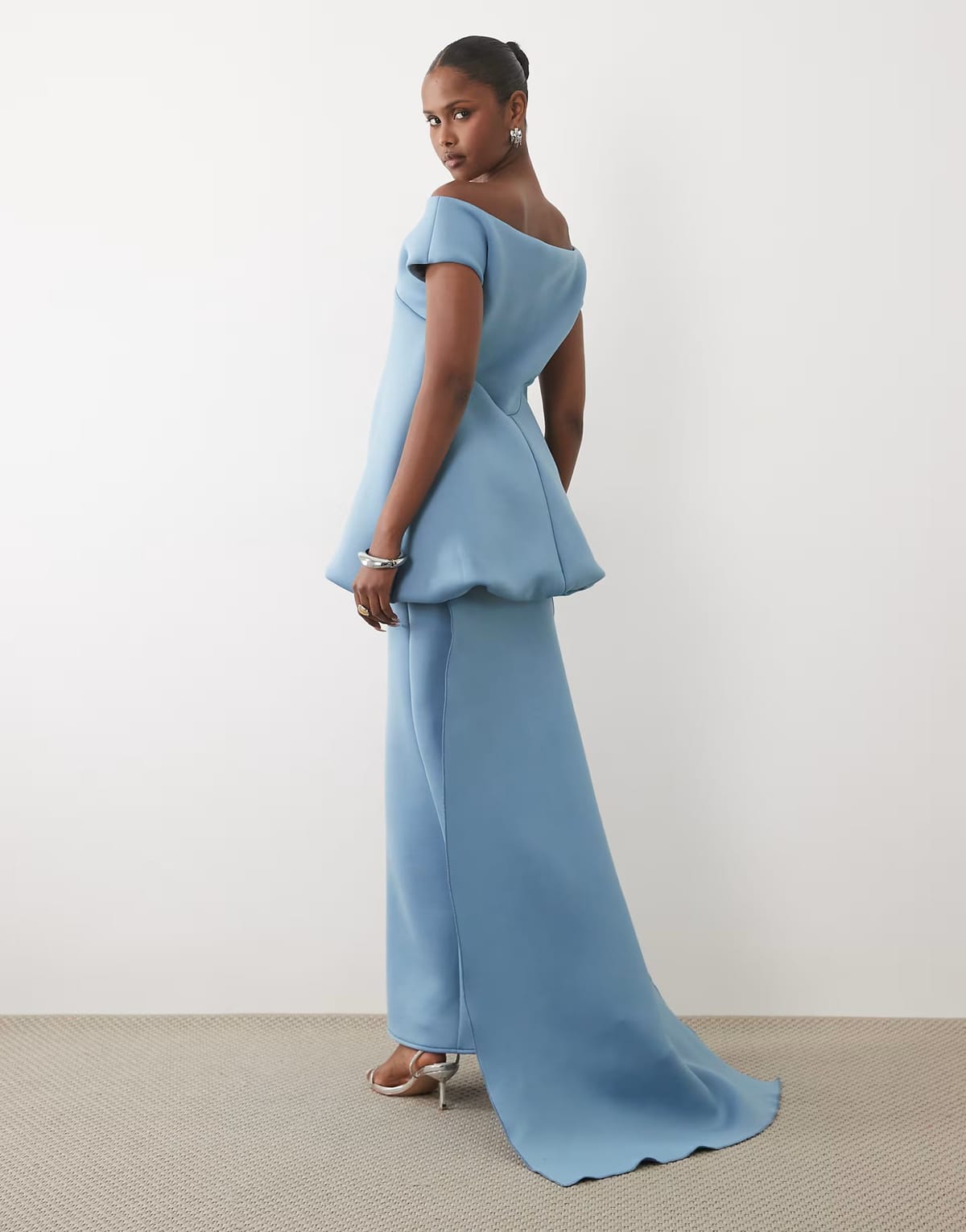 ASOS ASOS DESIGN bardot maxi dress with train & bubble bodice in blue - 1