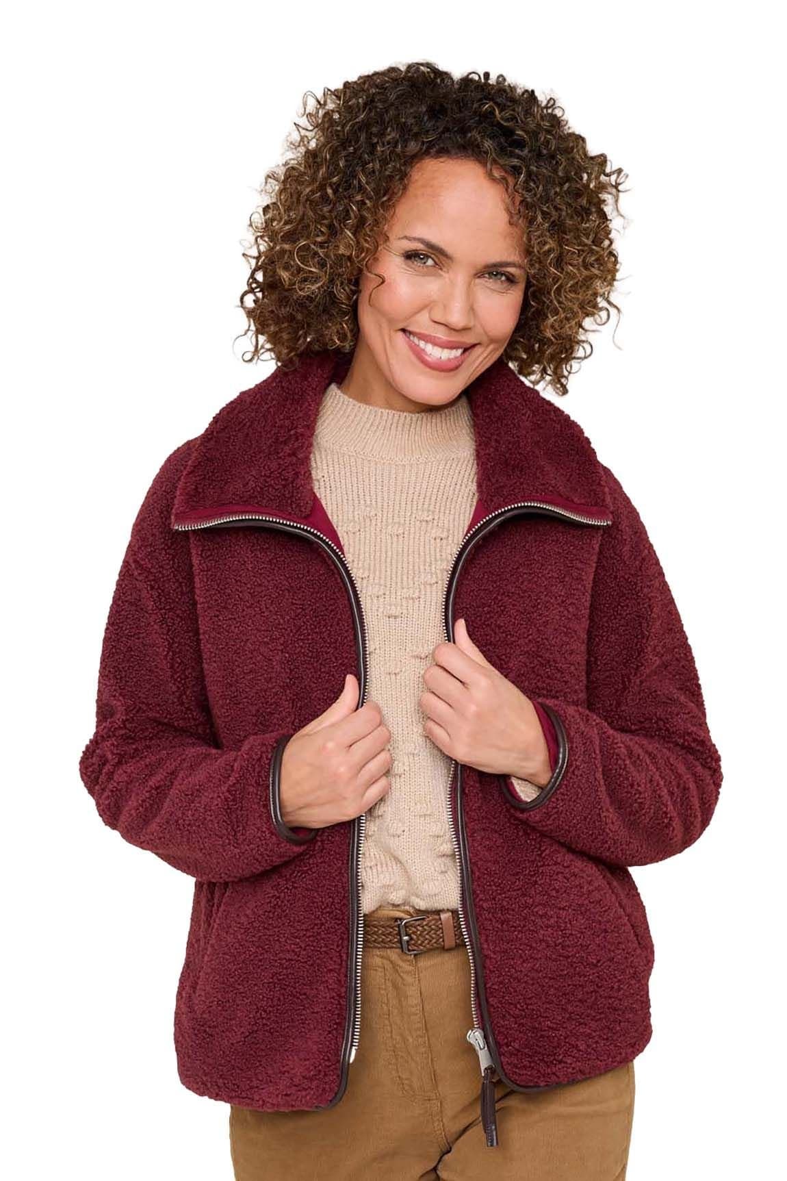 Amber Amber Women's Funnel Neck Teddy Fleece Jersey Lined Jacket in Dark Red