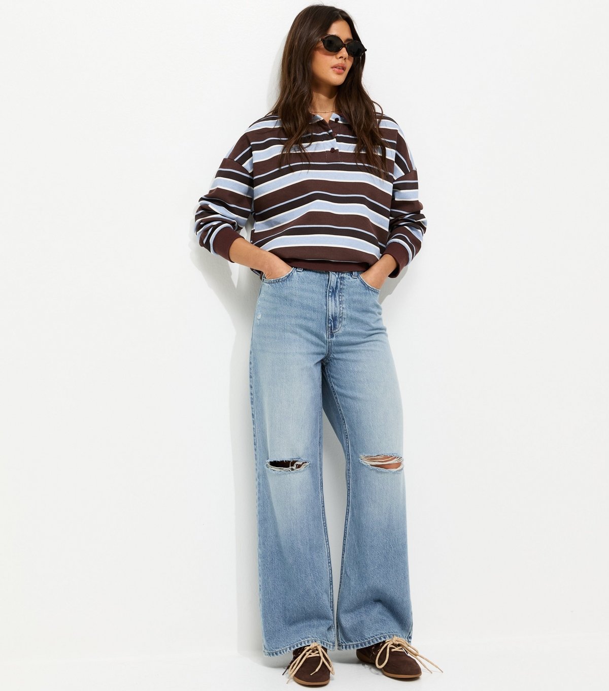 New Look Women's Blue Ripped Knee Wide Leg Adale Jeans New Look - 3