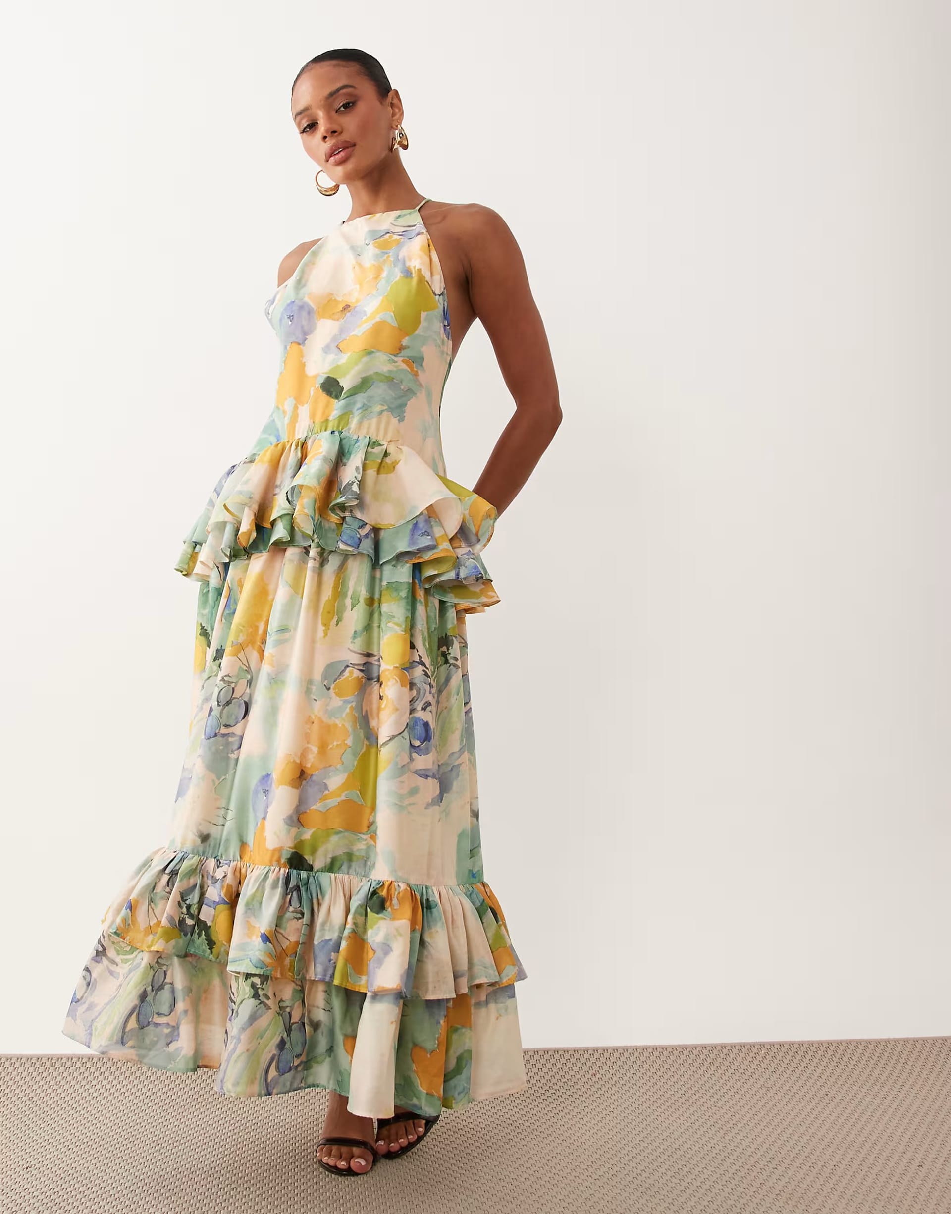 ASOS Blue & Yellow Abstract Print Double Layer Maxi Dress