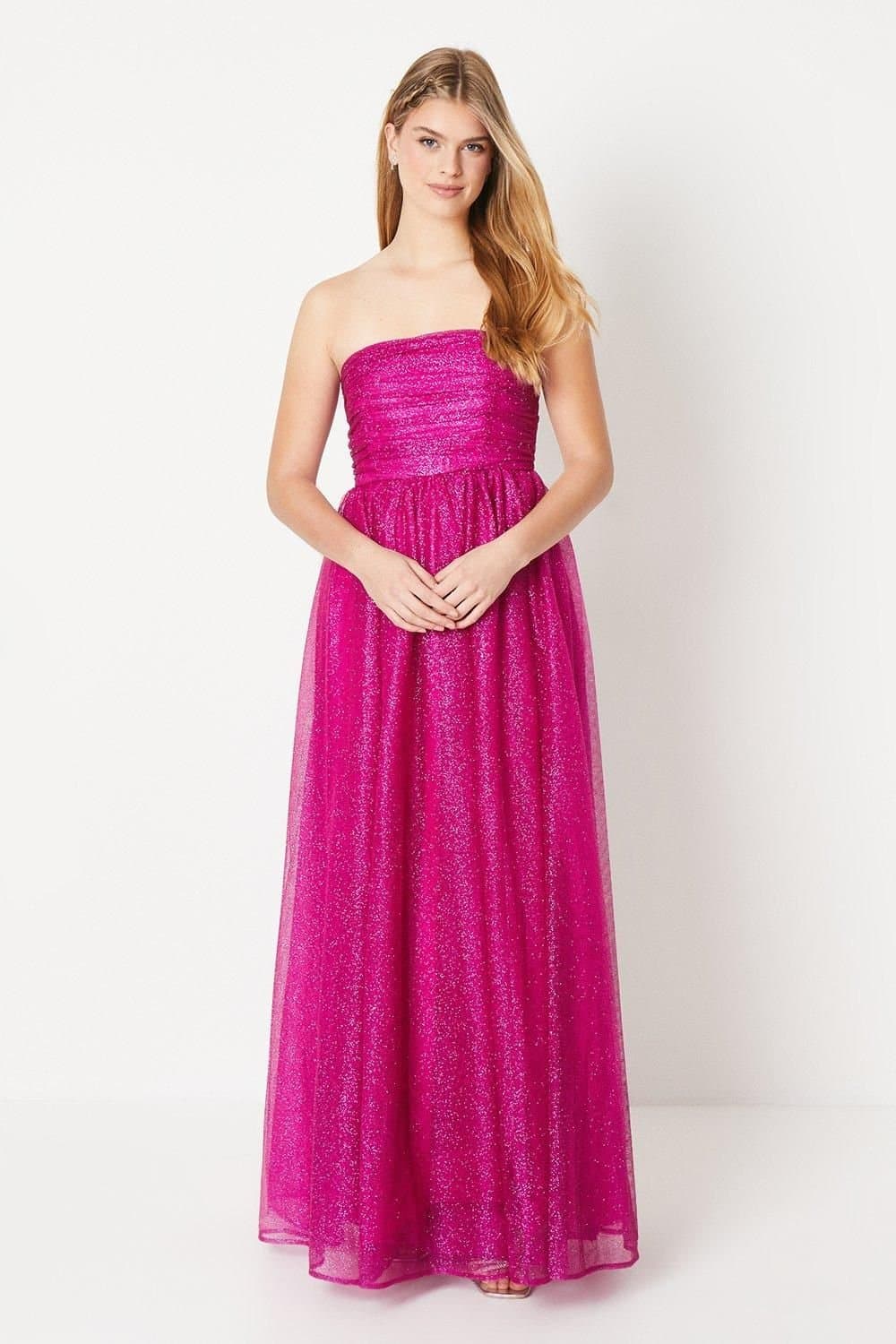 Debut London Debut London Women's by Coast Glitter Mesh Bandeau Full Skirted Prom Dress in Pink