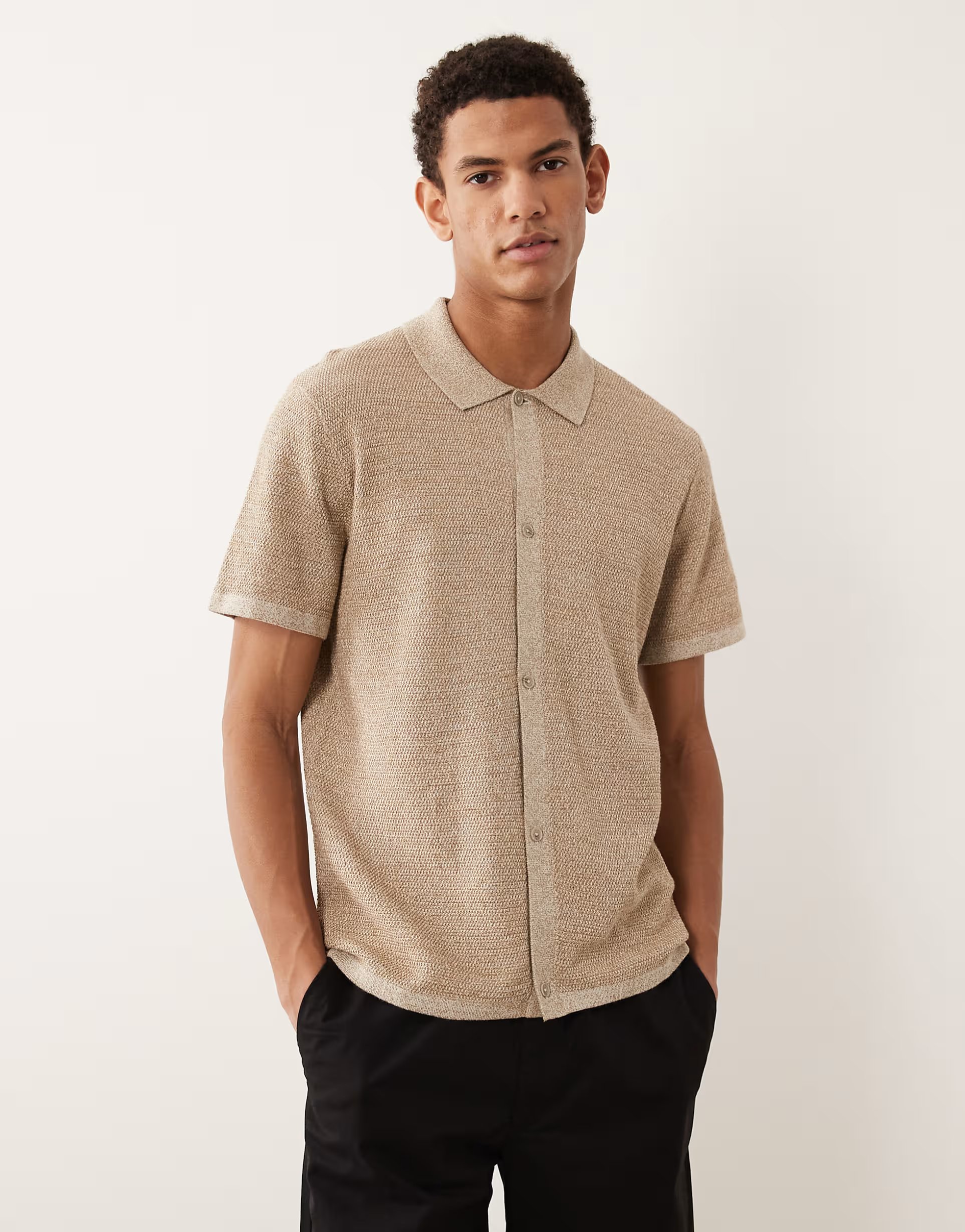 ASOS Jack & Jones knitted shirt with short sleeves in beige - 1