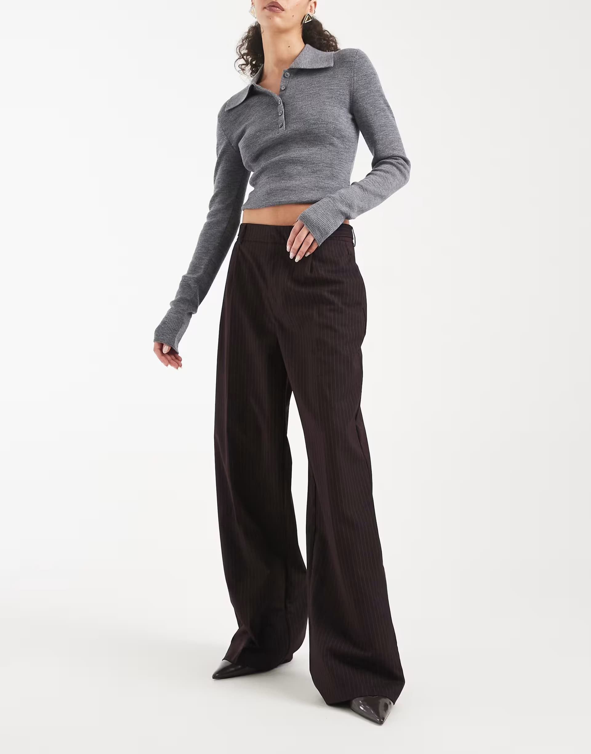 ASOS ONLY high waist wide leg tailored trousers in brown pinstripes
