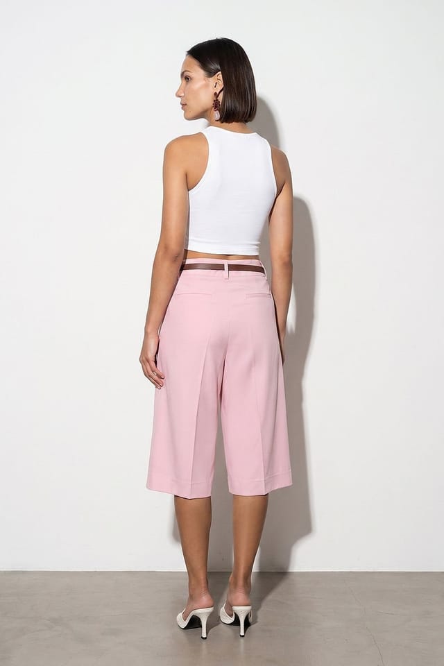 Dilvin Dilvin Women's High-waist Belted Wide-leg Tailored Shorts in Pink - 2