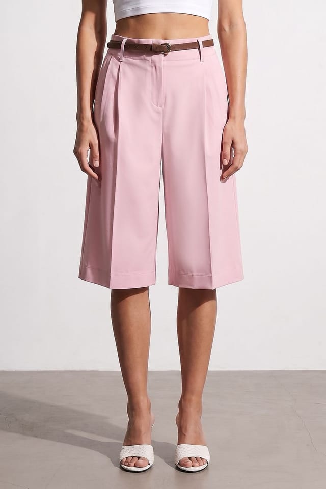 Dilvin Dilvin Women's High-waist Belted Wide-leg Tailored Shorts in Pink - 3