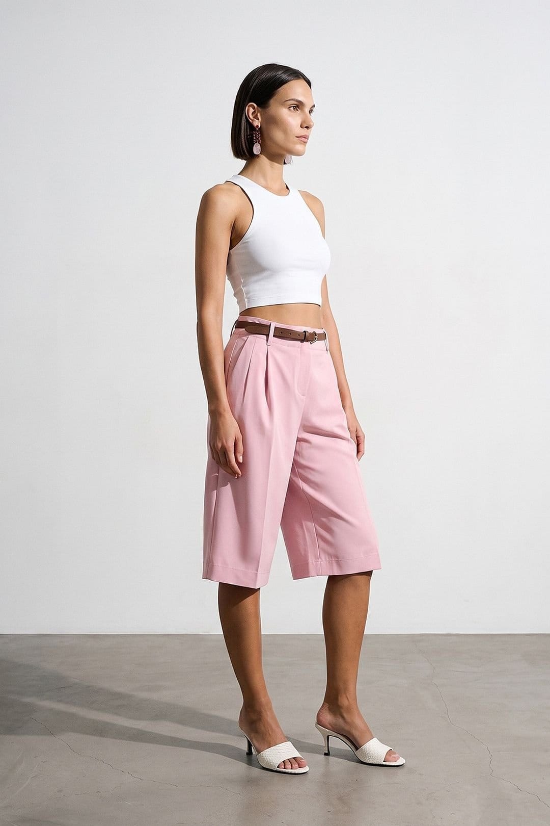 Dilvin Dilvin Women's High-waist Belted Wide-leg Tailored Shorts in Pink - 4
