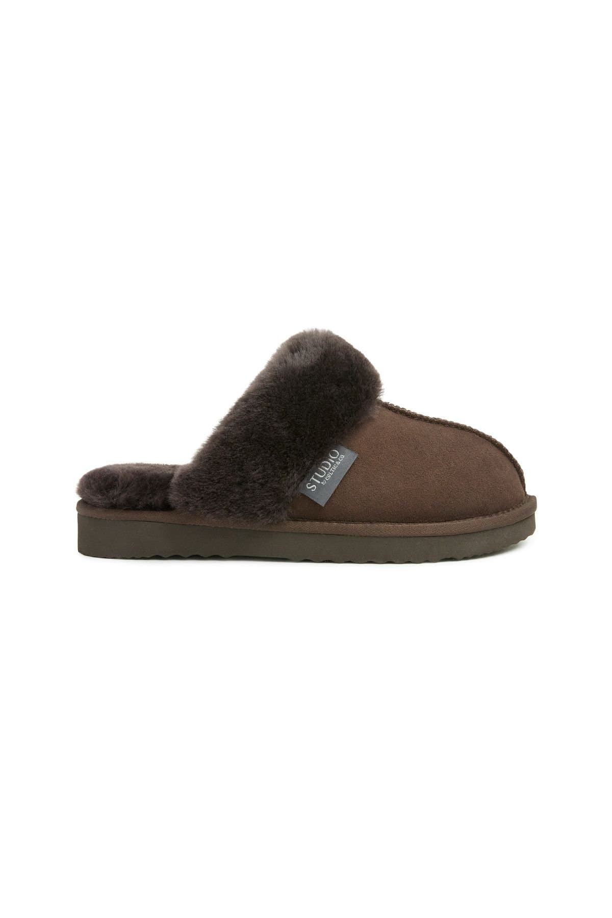 Celtic & Co Celtic & Co Women's Studio Fur Edge Mule Slippers in Dark Brown