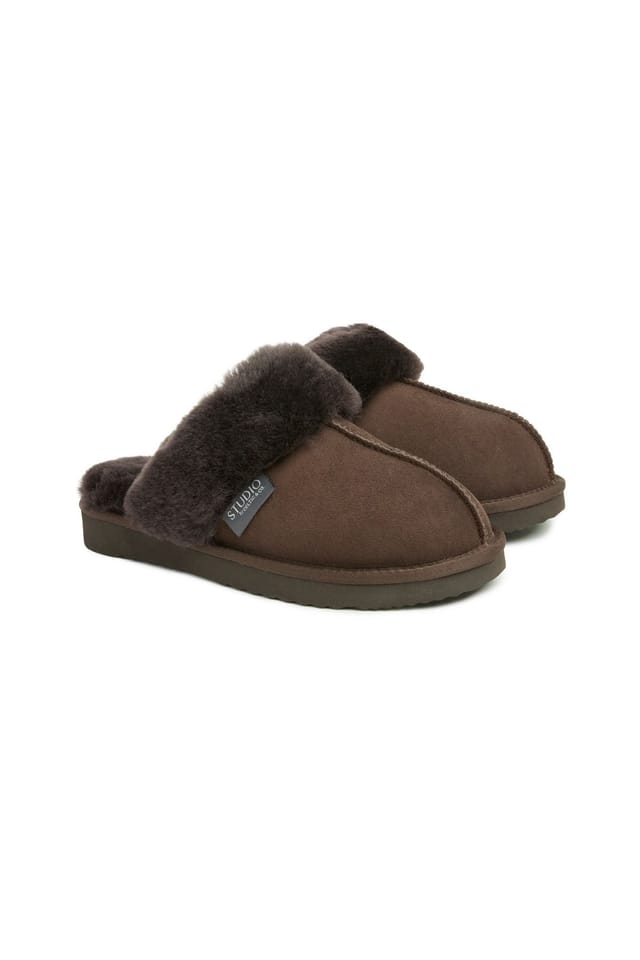Celtic & Co Celtic & Co Women's Studio Fur Edge Mule Slippers in Dark Brown - 2