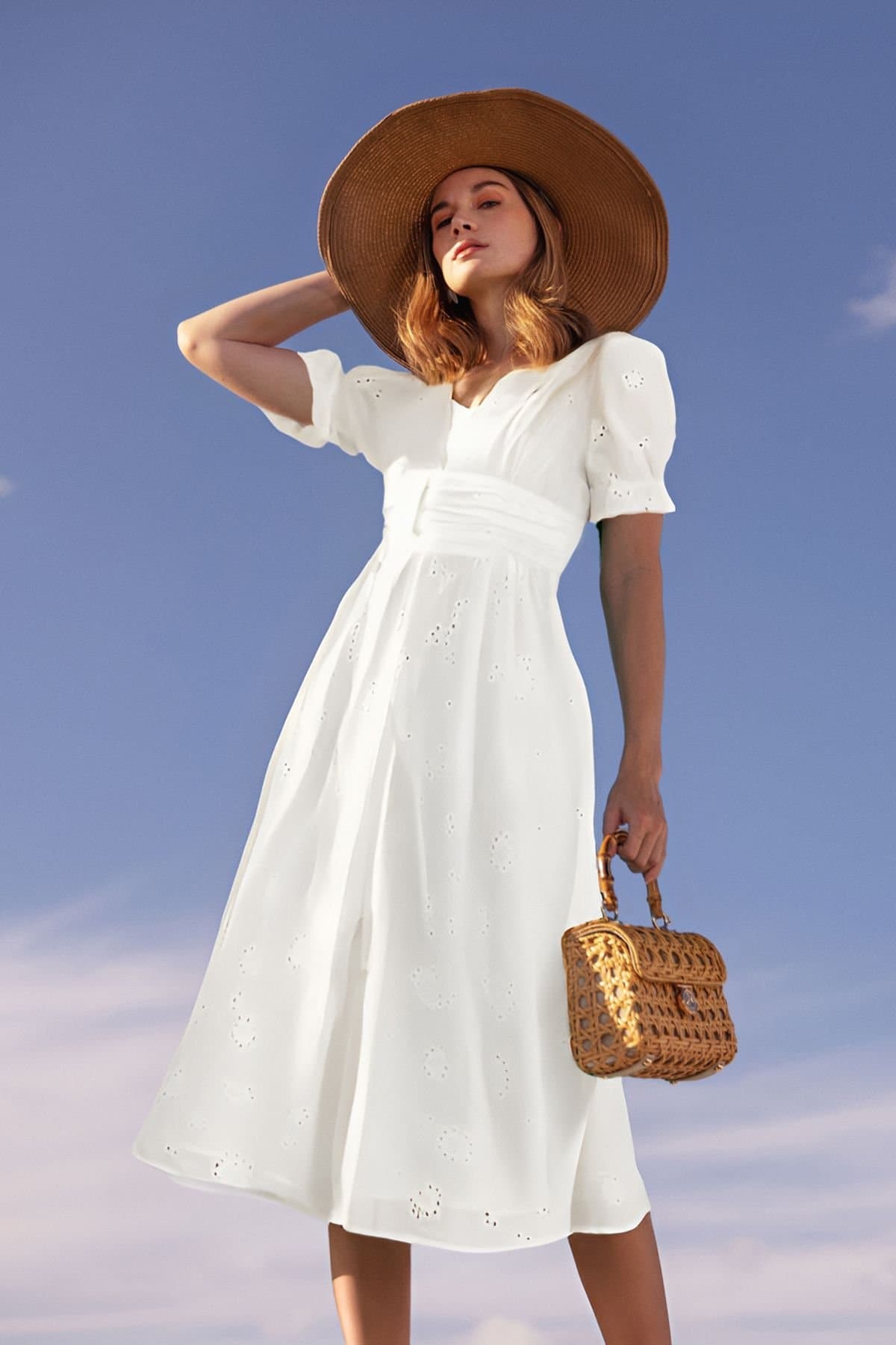 Yumi Yumi Women's White Cotton Broderie Anglaise Midi Button Up Dress