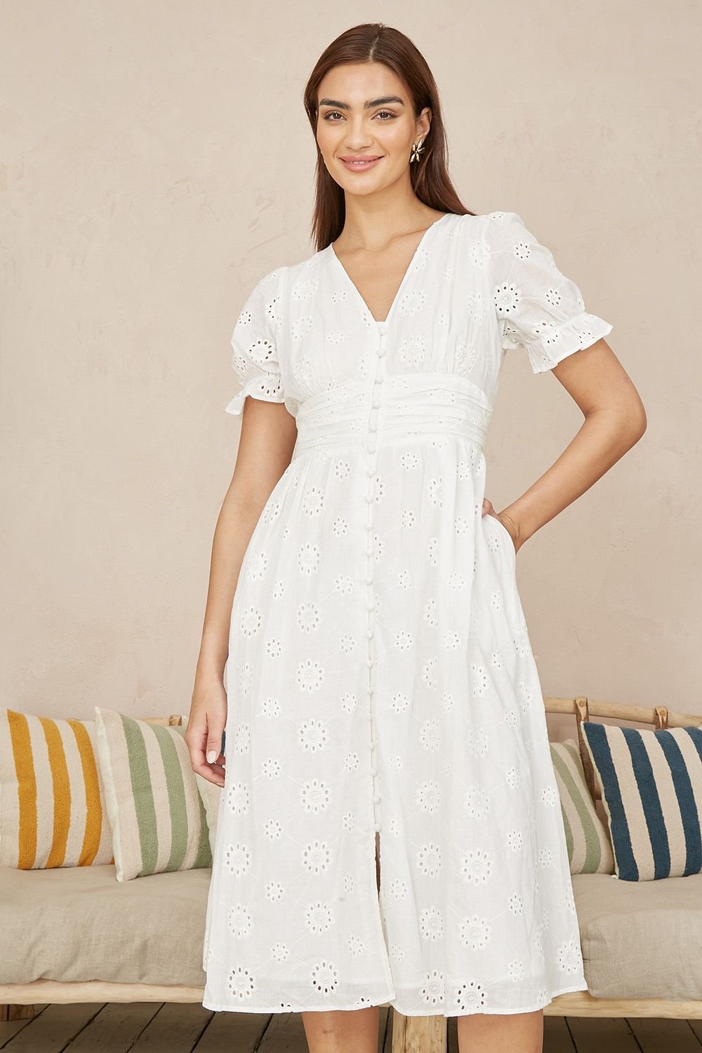 Yumi Yumi Women's White Cotton Broderie Anglaise Midi Button Up Dress - 2