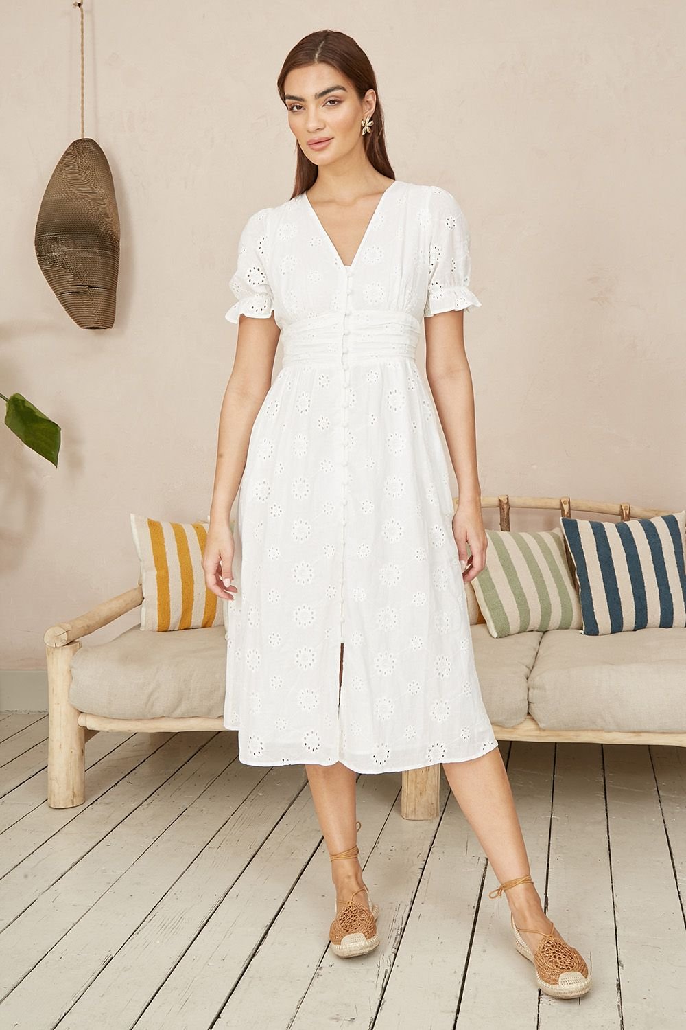 Yumi Yumi Women's White Cotton Broderie Anglaise Midi Button Up Dress - 3
