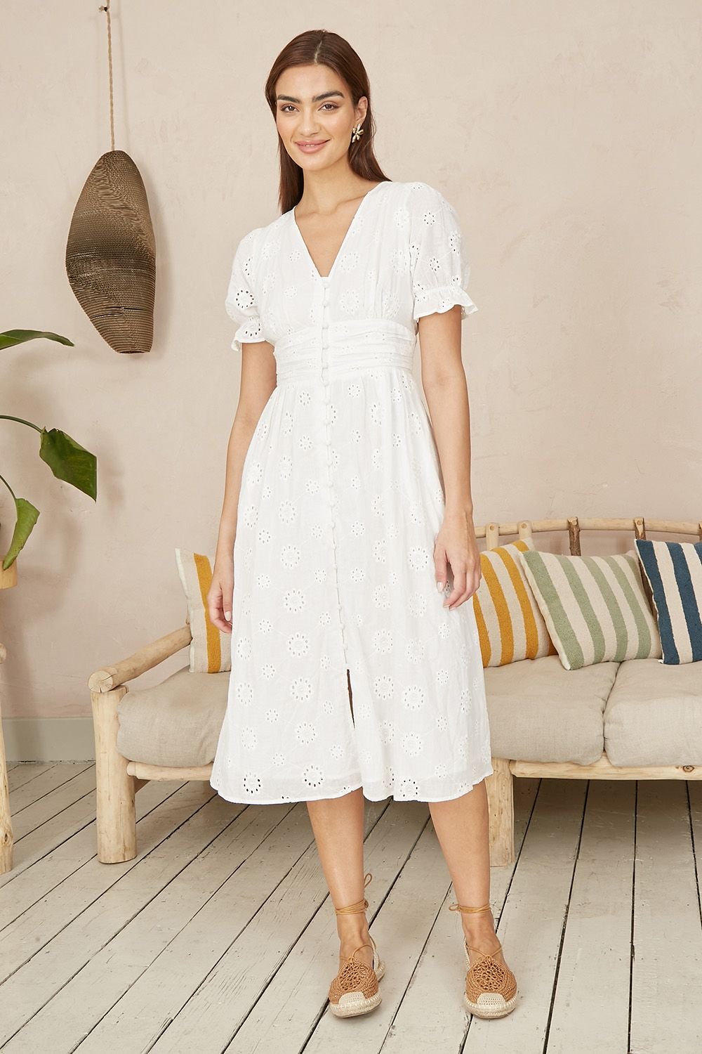 Yumi Yumi Women's White Cotton Broderie Anglaise Midi Button Up Dress - 4